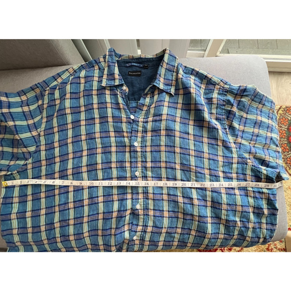 Rochester Shirt Mens Blue Plaid 100% Linen Button Up short sleeves Size-3X - Picture 6 of 8